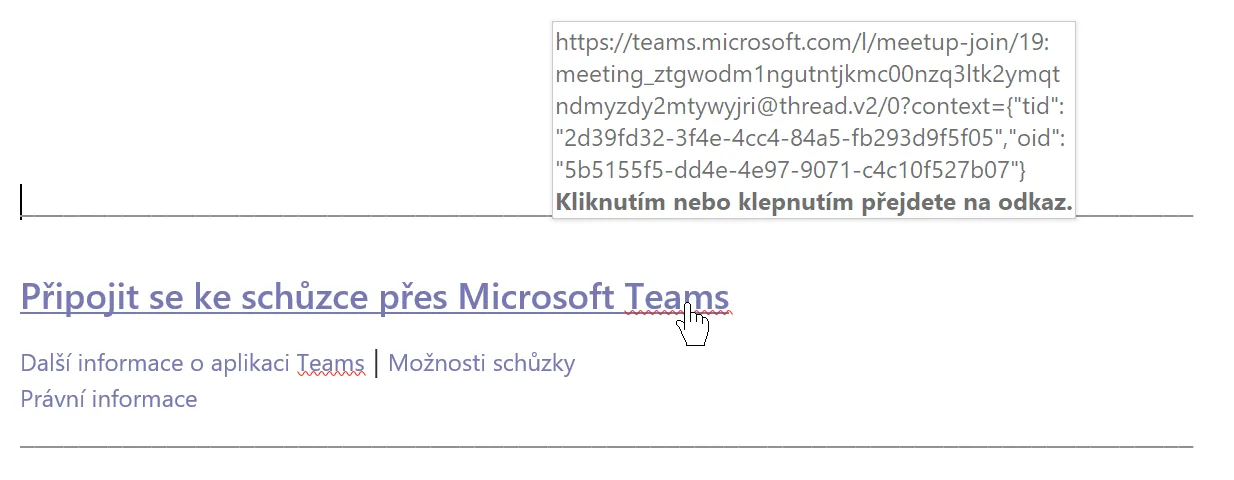 Hypertextový odkaz na Teams schůzku.