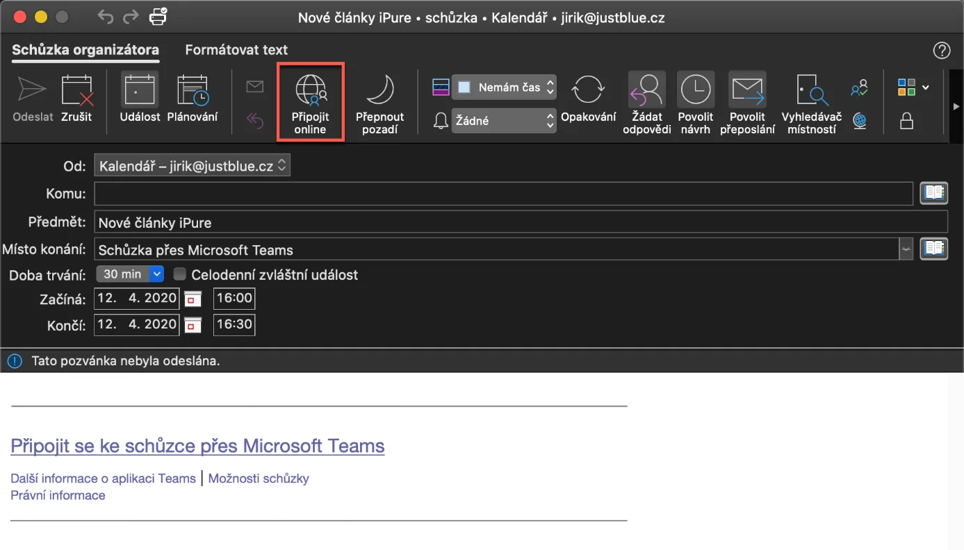 Připojení ke schůzce Teams v Outlooku pro Mac