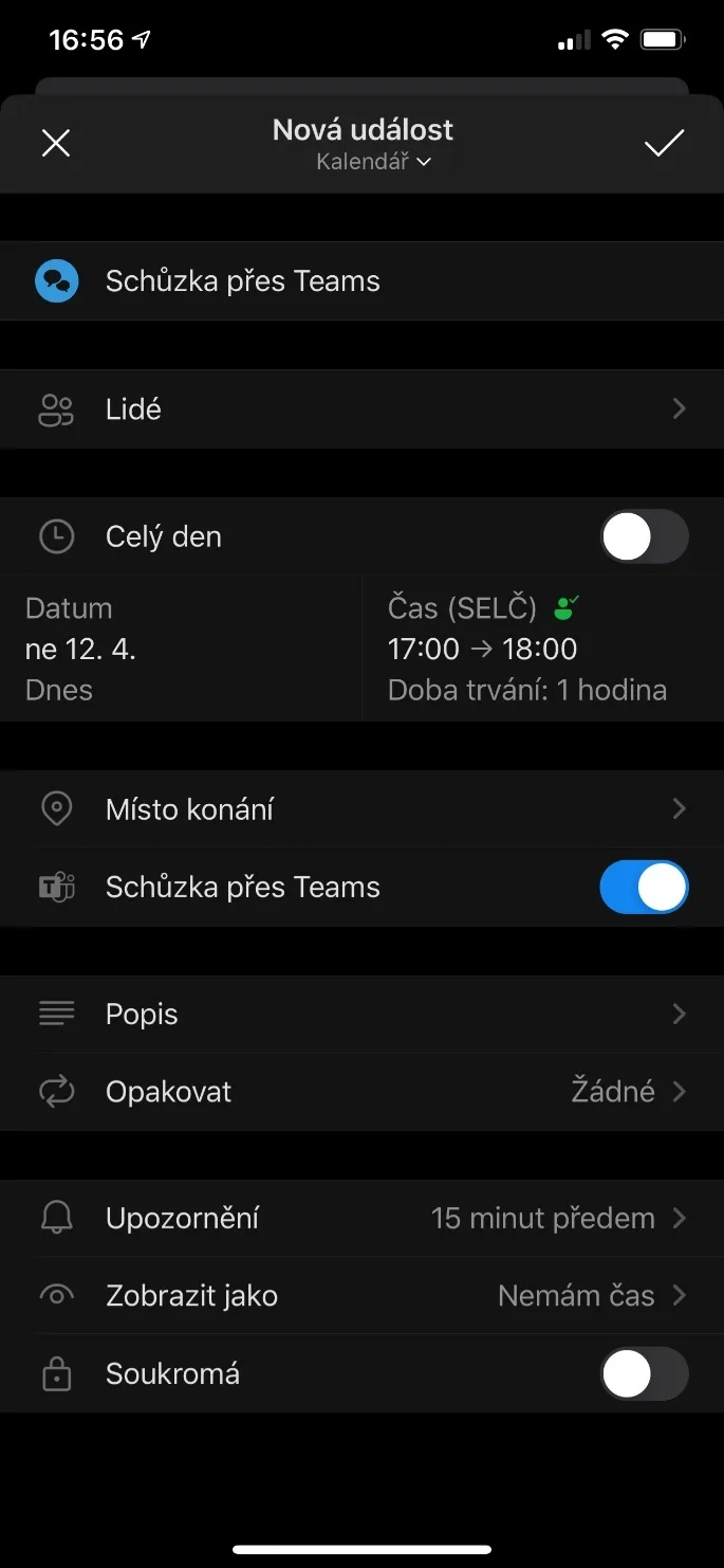 Vytvoření Teams schůzky pomocí Outlooku pro iOS