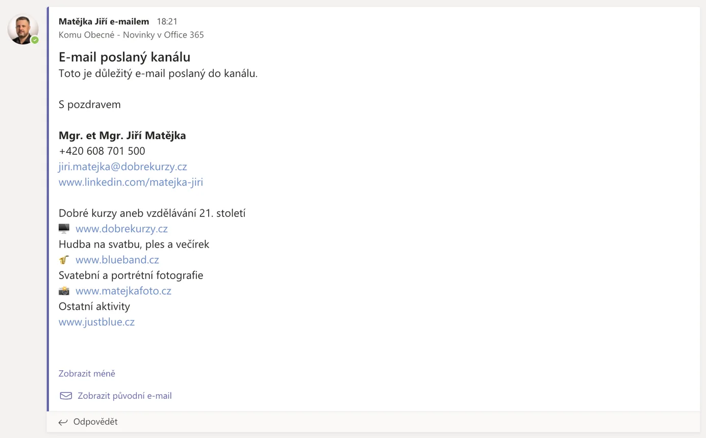 E-mail poslaný týmu v Teams (poslaný do kanálu)