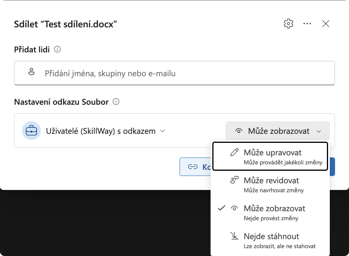 Rozbalená nabídka oprávnění u odkazu pro Uživatele (SkillWay) s odkazem: Může upravovat, Může revidovat, Může zobrazovat (zaškrtnuto) a Nejde stáhnout, každá s krátkým popisem