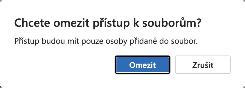 Potvrzovací dotaz Chcete omezit přístup k souborům? s textem, že přístup budou mít pouze osoby přidané do souboru, a tlačítky Omezit a Zrušit