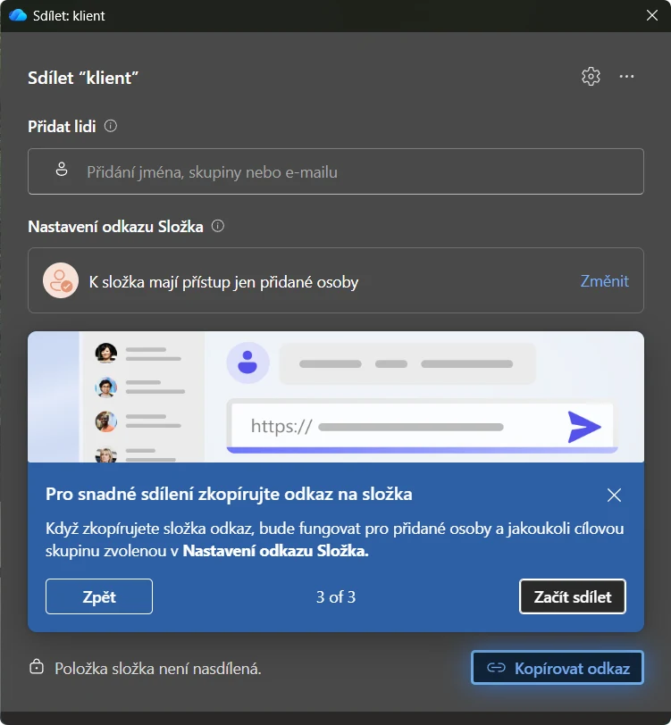 Průvodce, krok 3 ze 3: zvýrazněné tlačítko Kopírovat odkaz a text Pro snadné sdílení zkopírujte odkaz, s vysvětlením, že bude fungovat pro přidané osoby a zvolenou cílovou skupinu