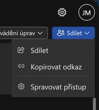 Rozbalená nabídka tlačítka Sdílet ve Wordu pro web se třemi volbami: Sdílet, Kopírovat odkaz a Spravovat přístup